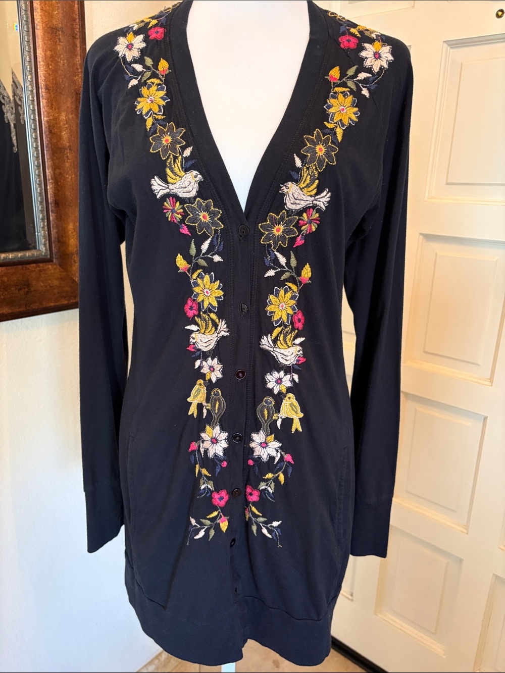 Johnny Was Black Embroidered cotton Cardigan